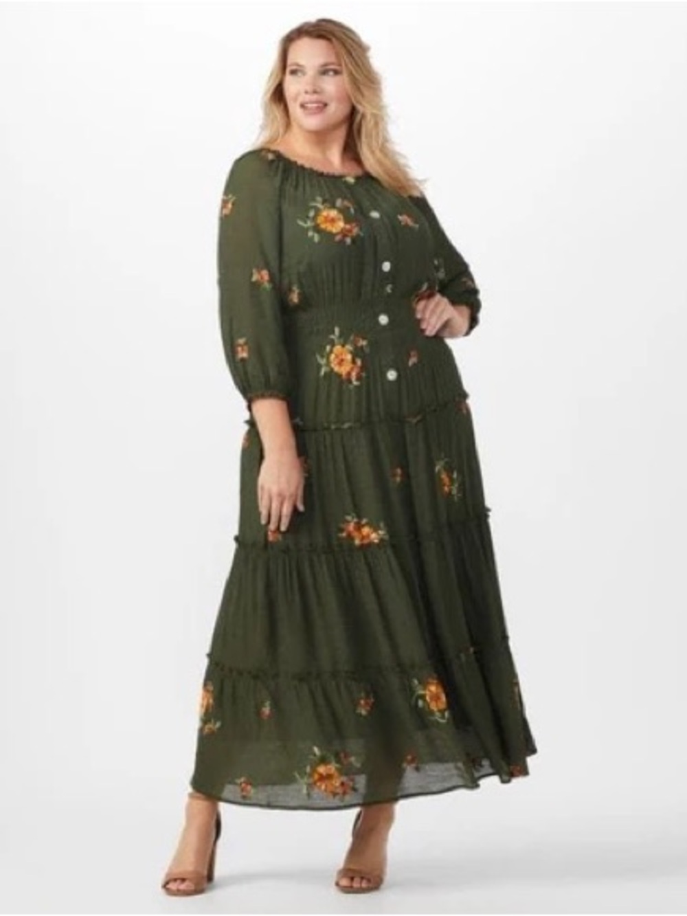 Floral Tiered Maxi Dress - Olive Green